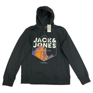 Jack & Jones Mens Core Kalf Graphic Fleece Hoodie Black XL